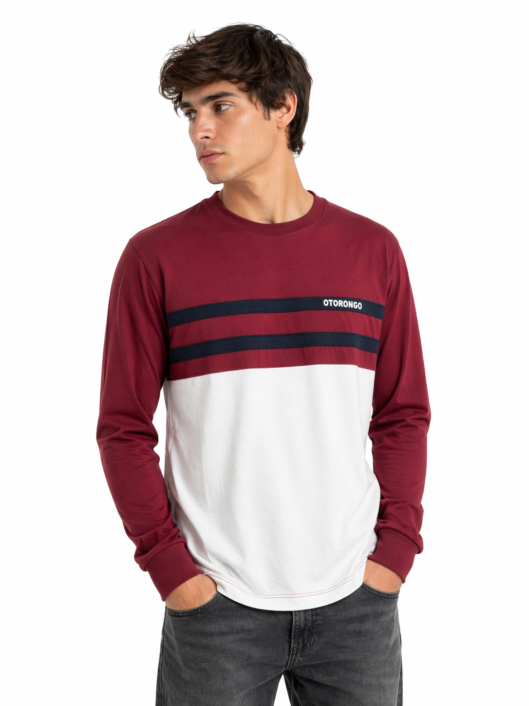 ropa para hombre CAMISETAS R2 BORDO CON BLANCO